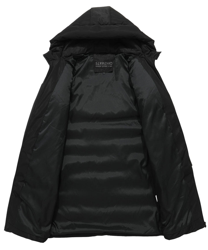Close-up of the durable fabric and insulation on a women's black parka style winter jacket.