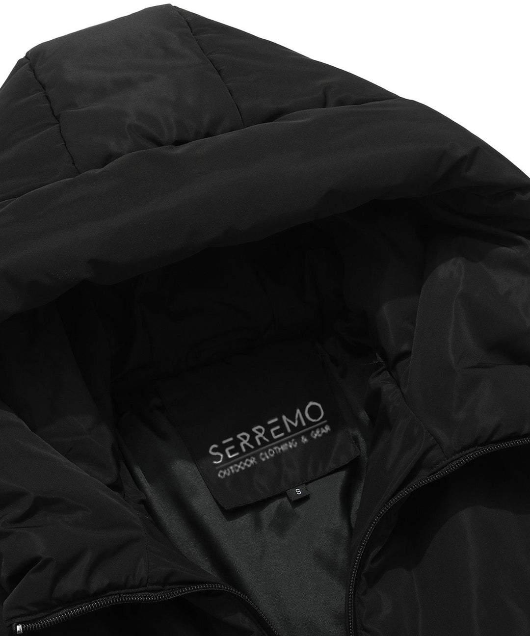 Women's black hooded parka jacket with zipper and button closure, ultimate cold weather protection.