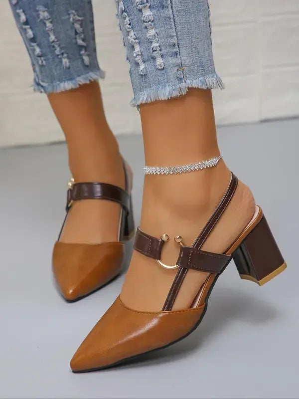 Stylish women's glossy nude block heel pumps with strap, pointed toe, comfortable formal footwear