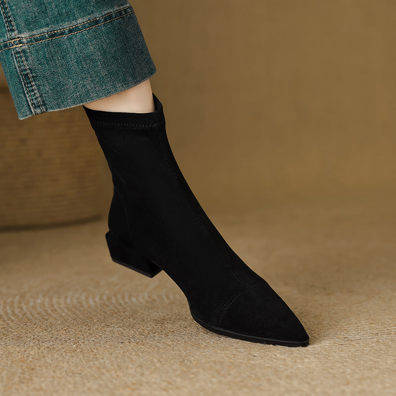 Stylish women's sock ankle boots with a comfortable block heel and chic pointed toe design