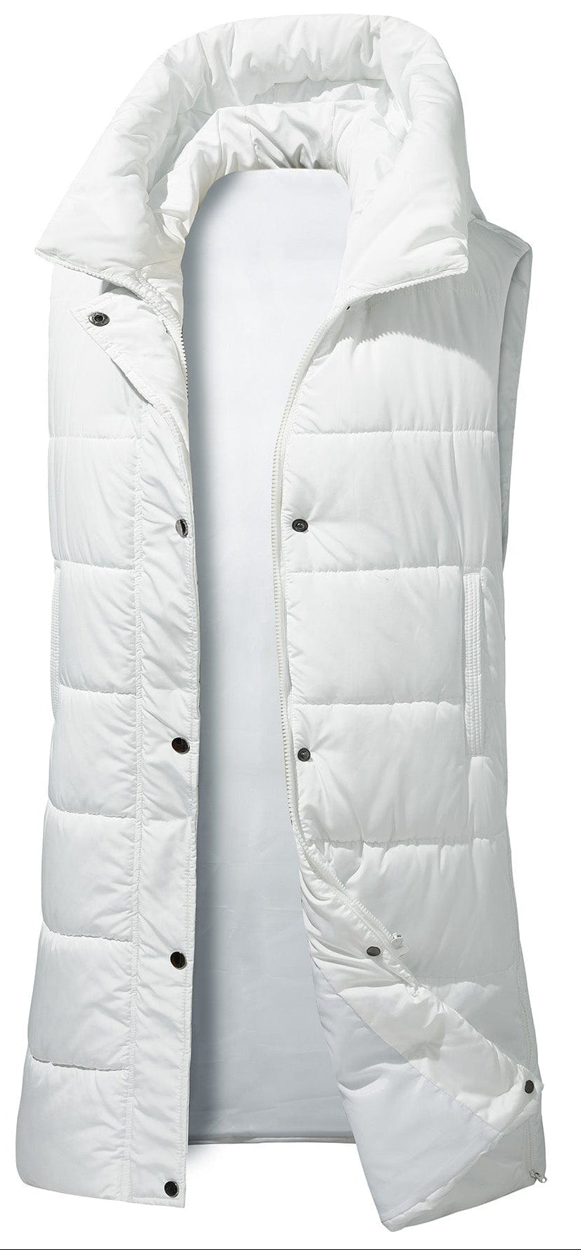 Women's black quilted longline puffer vest, perfect for winter layering and warmth.