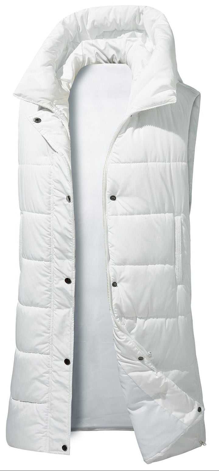 Women's black quilted longline puffer vest, perfect for winter layering and warmth.