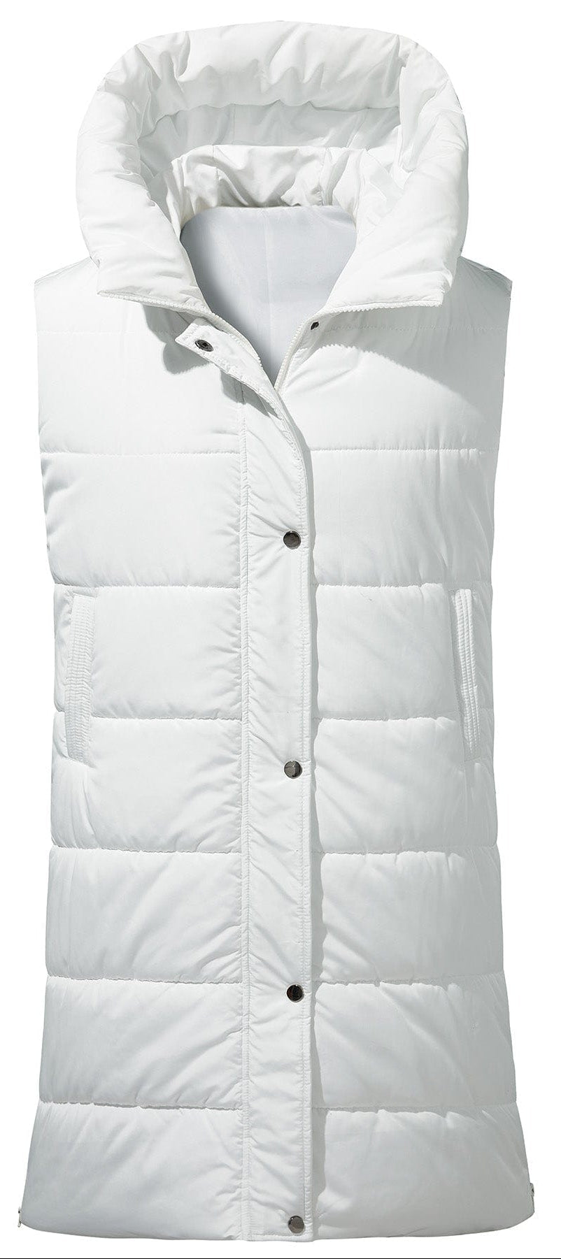 Stylish women's longline puffer vest in quilted design, ideal for fall/winter outerwear.