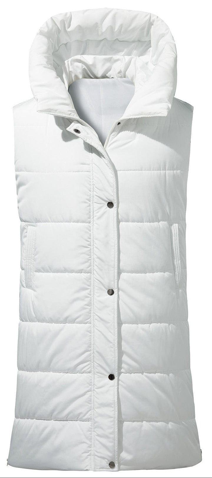 Stylish women's longline puffer vest in quilted design, ideal for fall/winter outerwear.