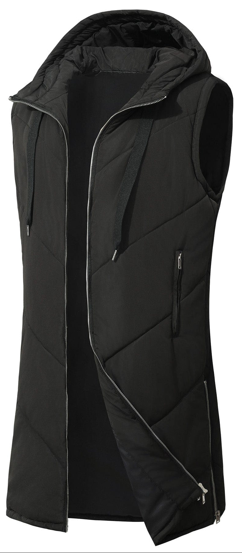 Women's black quilted puffer vest with hood, perfect for winter layering and casual style