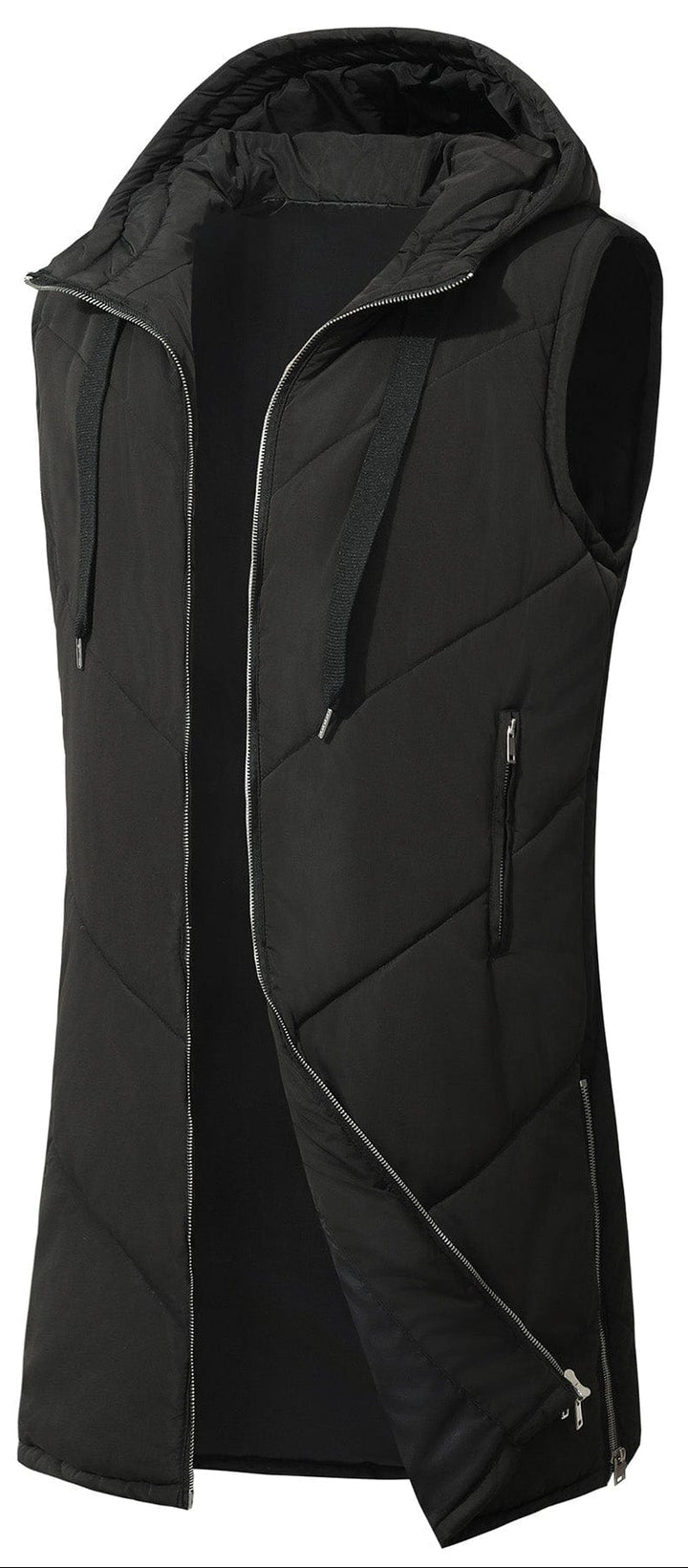 Women's black quilted puffer vest with hood, perfect for winter layering and casual style