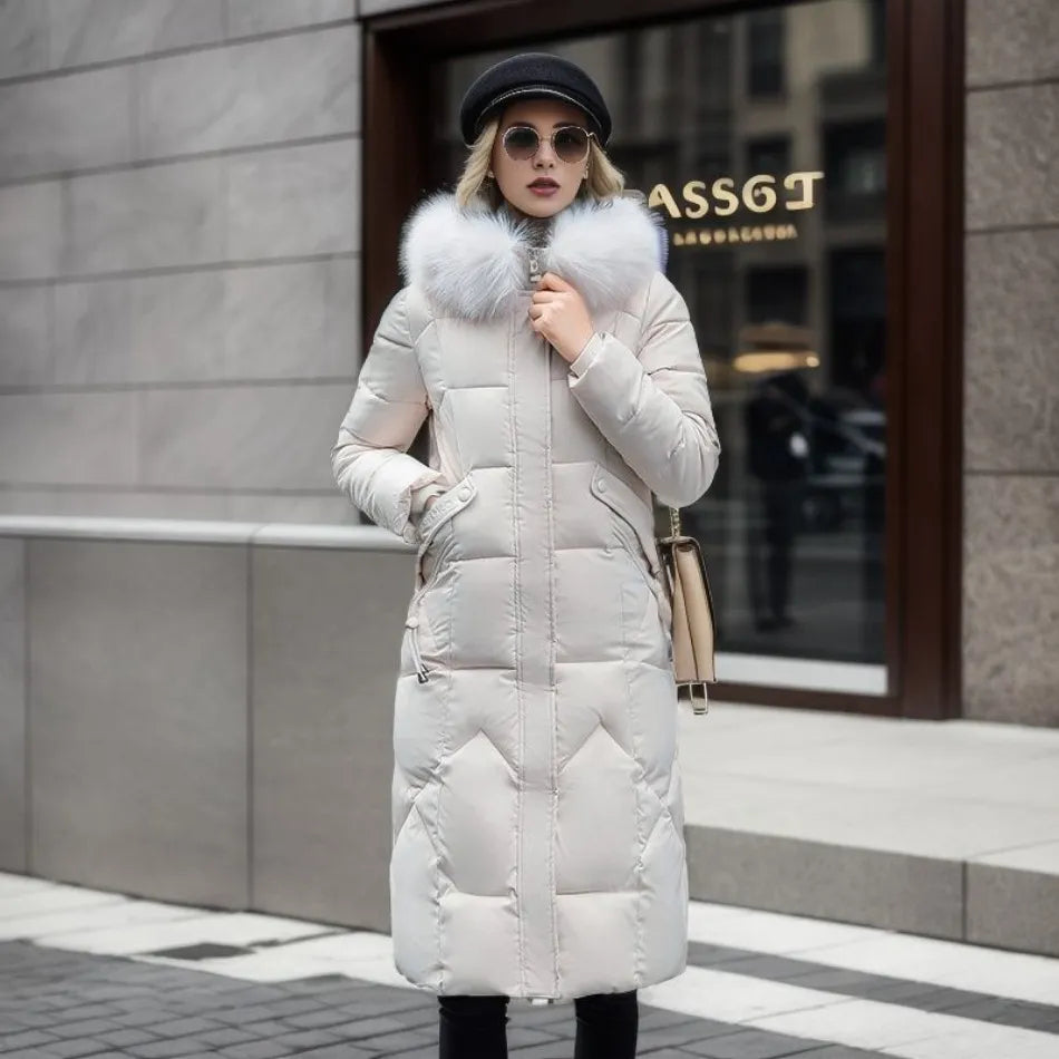 Women's black quilted winter coat with faux fur hood trim, front view, for cold weather fashion