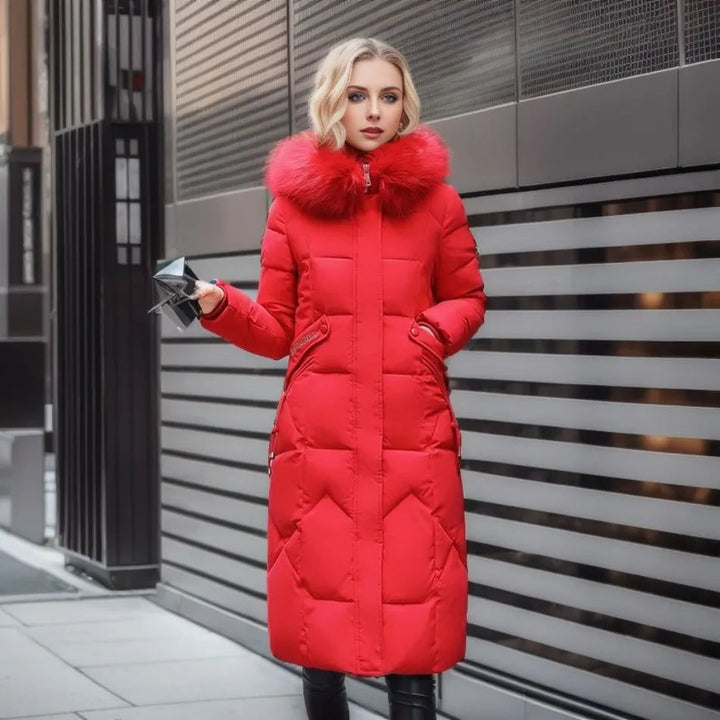 Side view of a women's black quilted winter coat, hooded, showcasing its warm and bulky design