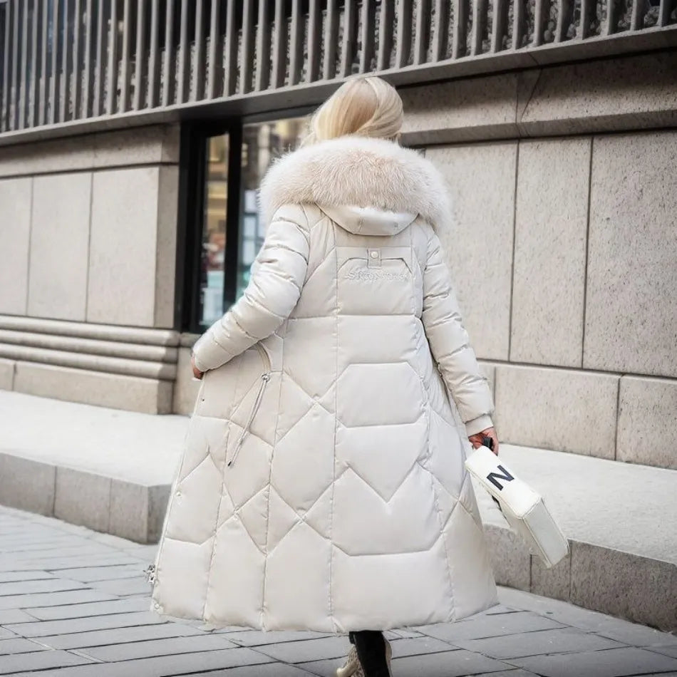 Fashionable women's long black quilted coat, hooded, providing ultimate warmth in winter
