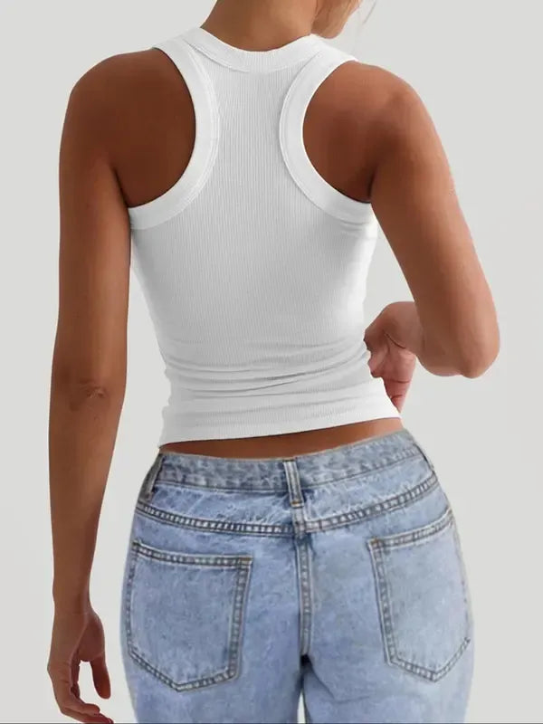 Detailed shot of the tag on a women's ribbed square neck tank top, emphasizing its cotton blend material