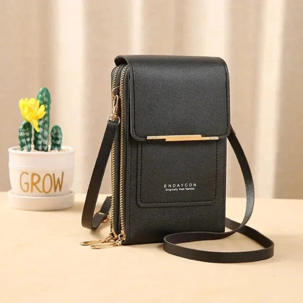 Women's black touch screen crossbody phone bag, perfect for daily essentials & travel convenience.