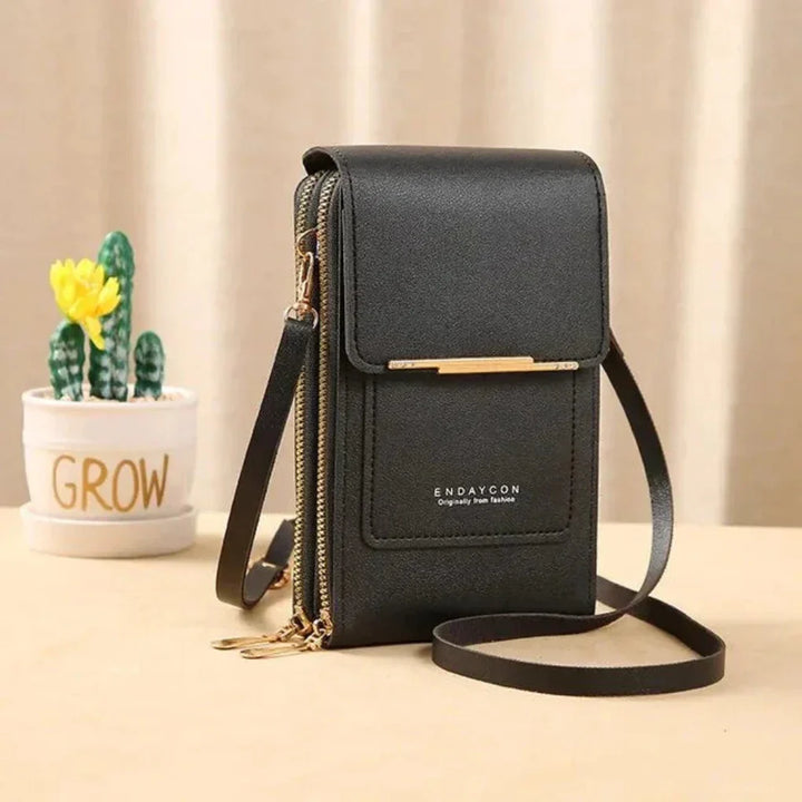 Women's black touch screen crossbody phone bag, perfect for daily essentials & travel convenience.