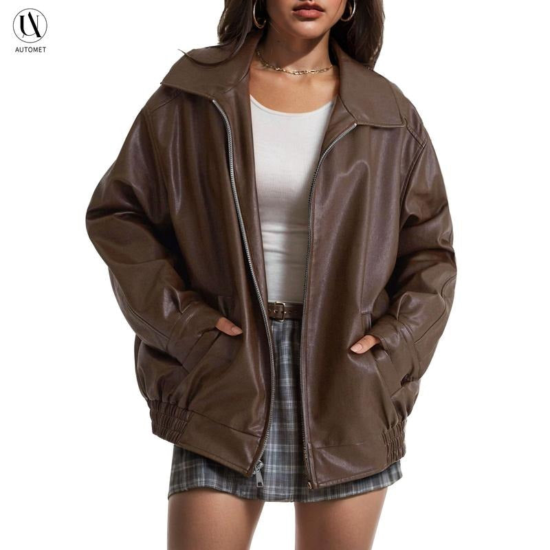 Women's black vegan leather bomber jacket with ribbed collar and cuffs, perfect for casual outerwear.