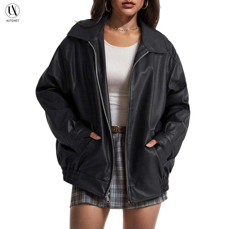 Stylish women's faux leather bomber jacket in a classic fit, ideal for a fashion-forward look.