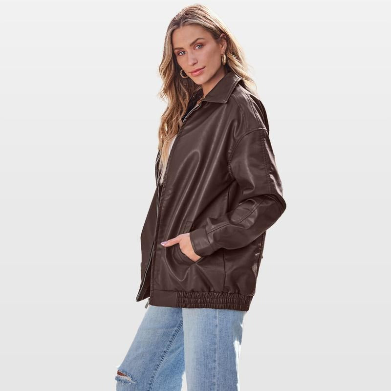 Casual women's bomber jacket made from high-quality vegan leather, featuring a front zipper closure.