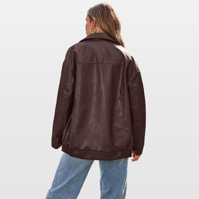 Elegant women's black vegan leather bomber jacket, a versatile piece for a modern, chic outfit.