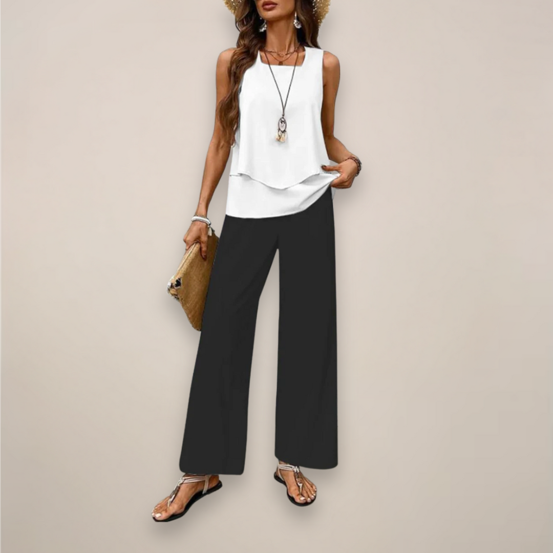 Women's spring/summer printed wide-leg outfit, combining comfort with a trendy boho aesthetic.