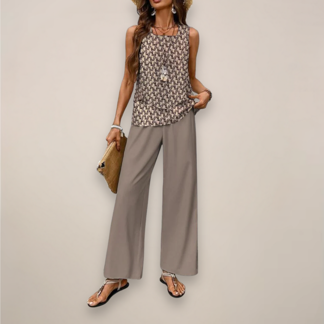 Stylish women's two-piece casual wear with an eye-catching print and comfortable wide-leg design.