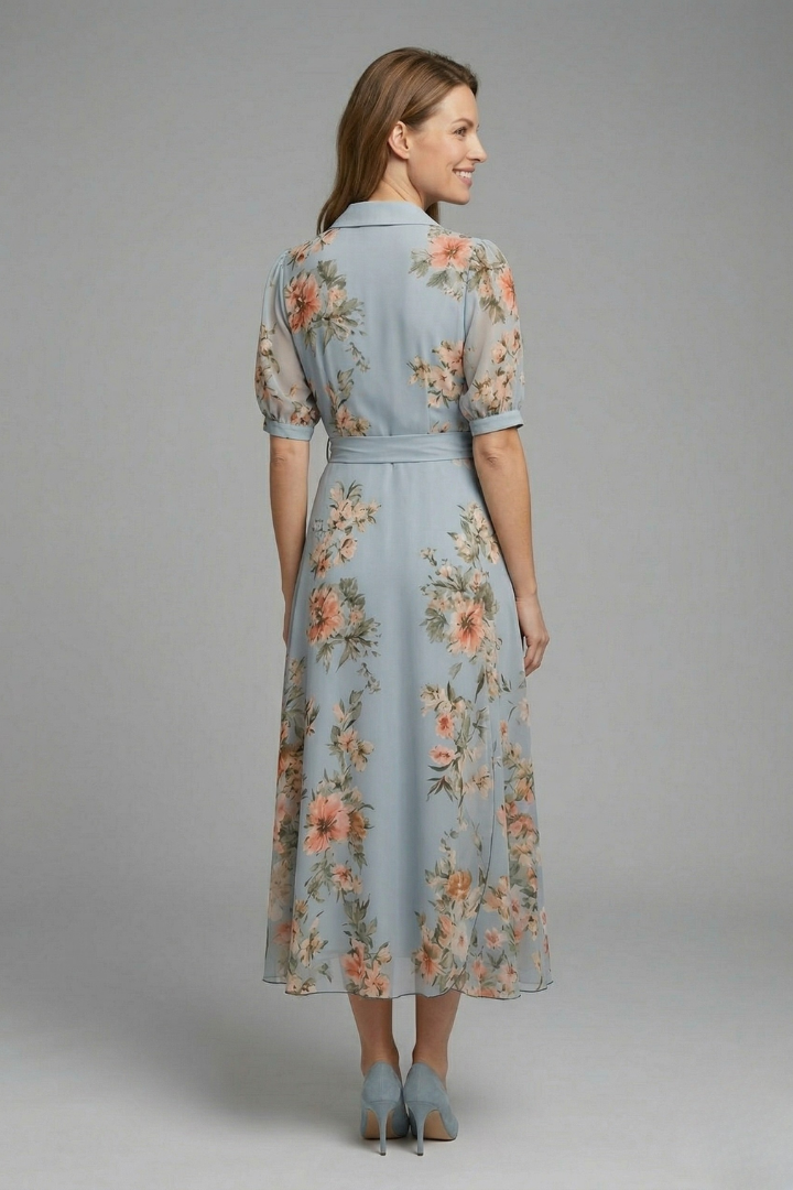 Beautiful blue floral print wrap maxi dress for women, with a chic V-neck, tie waist, & short sleeves.