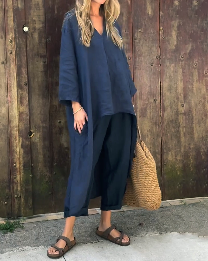 Stylish white two-piece relaxed tunic & pant set for women, comfort fashion
