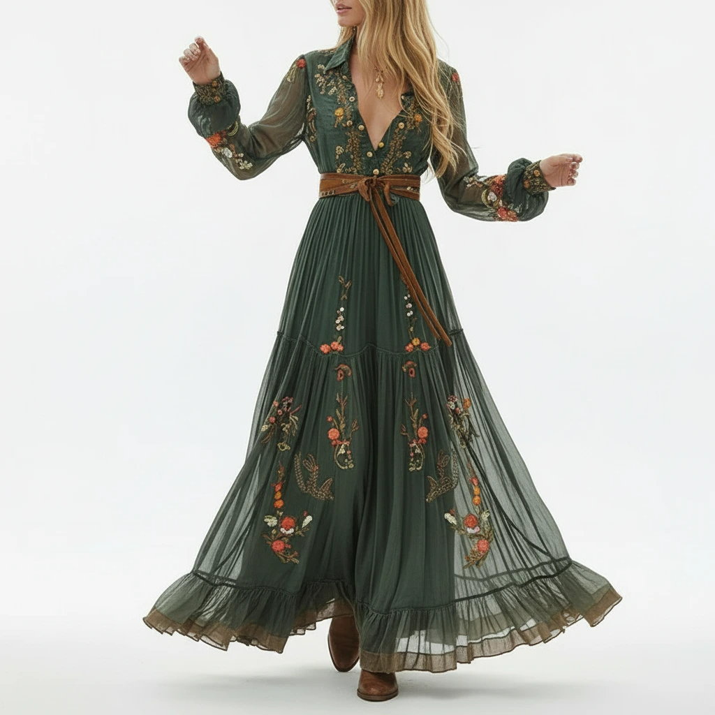 Women's bohemian embroidered maxi dress with long sleeves. Perfect flowing elegant dress for summer & special occasions.