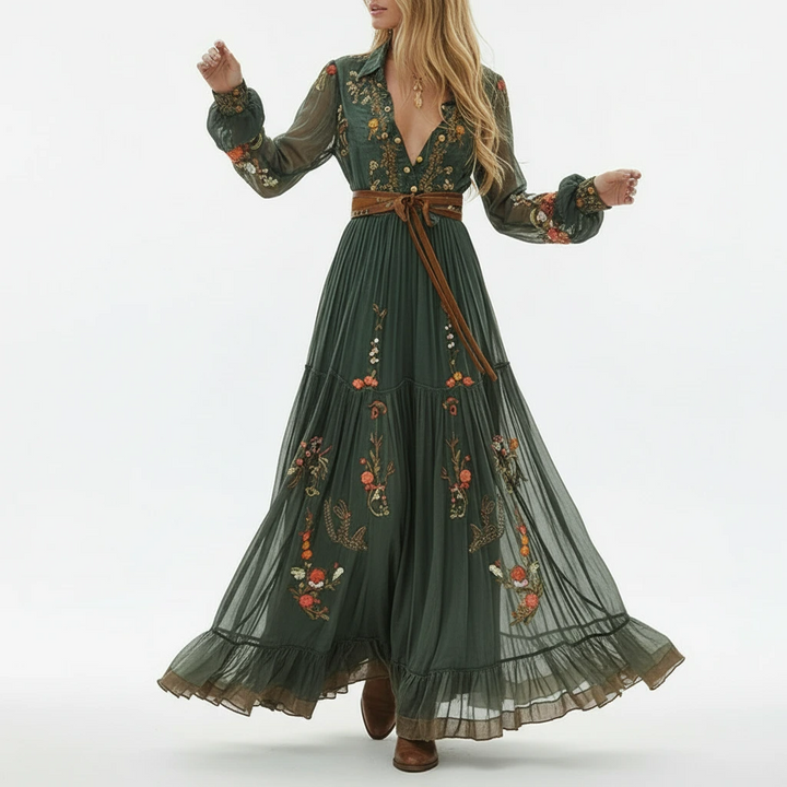 Women's bohemian embroidered maxi dress with long sleeves. Perfect flowing elegant dress for summer & special occasions.