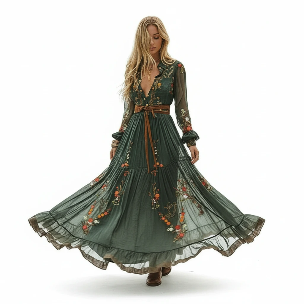 Close-up of elegant women's long sleeve boho maxi dress showing intricate embroidery. Ideal for spring fashion.