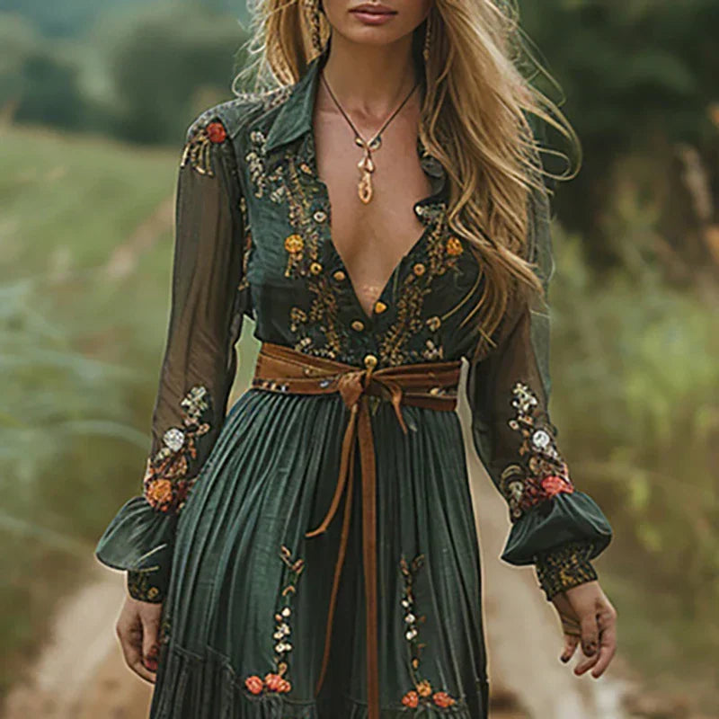 Stylish women's embroidered long sleeve maxi dress, a chic bohemian fashion choice for spring and summer.
