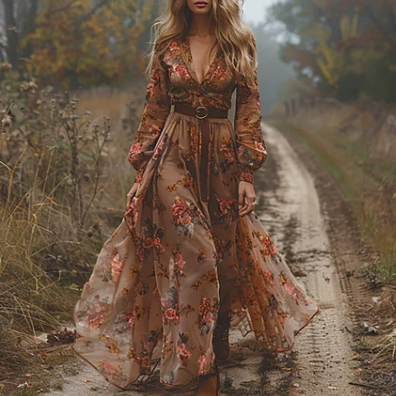 Comfortable & stylish women's long sleeve boho maxi dress with elegant embroidery. Perfect for parties & resort wear.