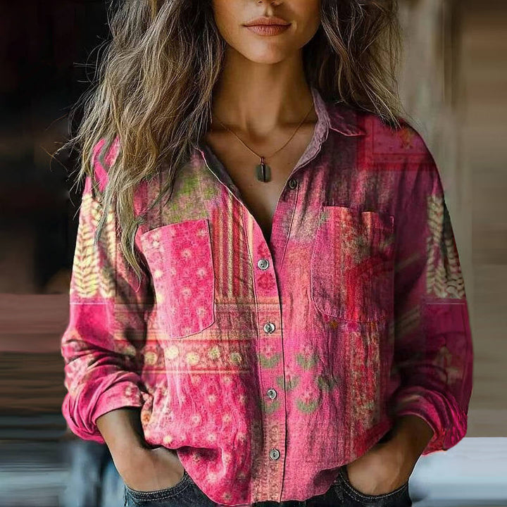 Bohemian vintage women's long sleeve floral blouse, a fashionable patterned top for a chic, loose fit.