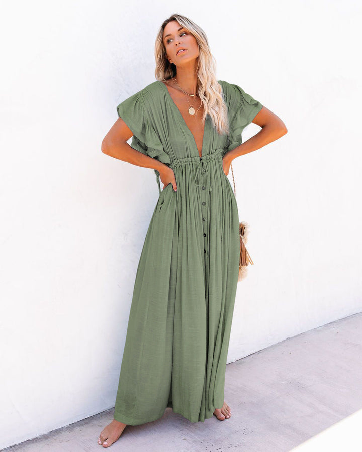 Relaxed fit women's resort wear cover up, boho style with a flattering wrap V-neck and airy flowy fabric.