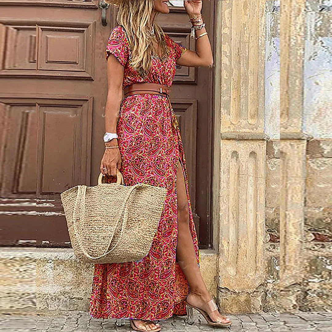 Comfortable women's boho V-neck maxi dress with belt. Flowy long summer dress, great for beach or casual wear.