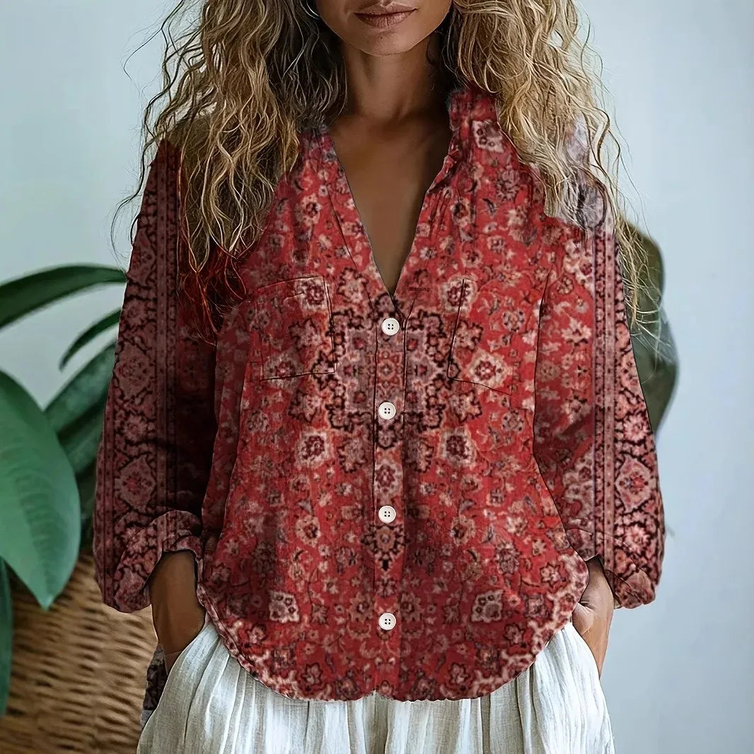 Casual women's vintage floral print boho blouse, a relaxed V-neck top for spring and summer fashion.