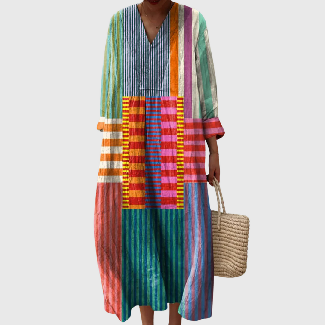 Women's bold multicolor stripe patchwork dress with V-neck & long sleeves, perfect for casual everyday fashion.