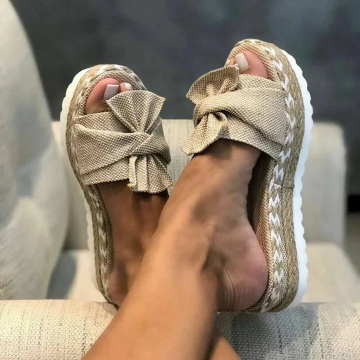 Women's Bow Platform Slide Sandals, black with an elegant top bow for summer fashion