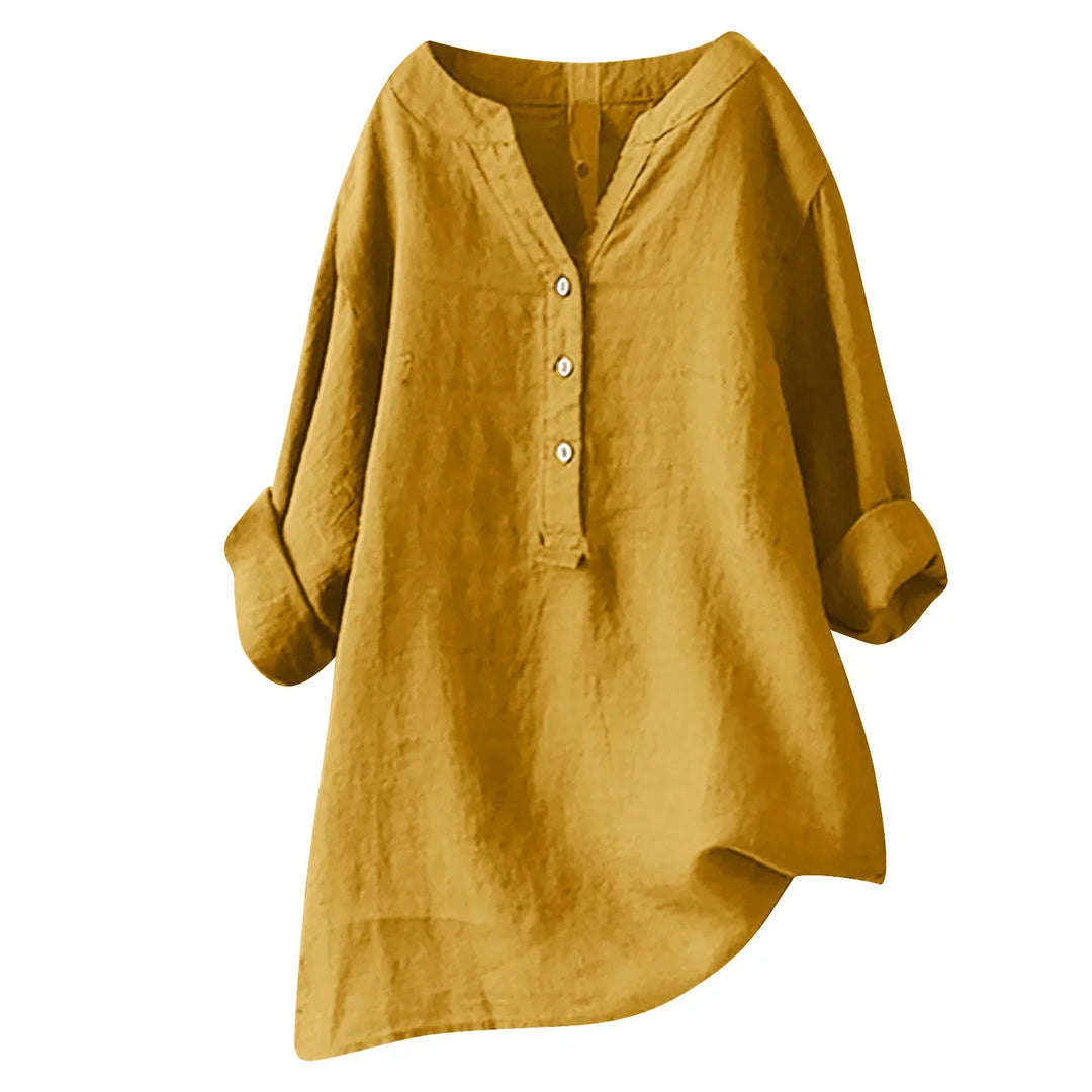 Relaxed fit V-neck women's button-up top, a breezy summer shirt for casual everyday style.