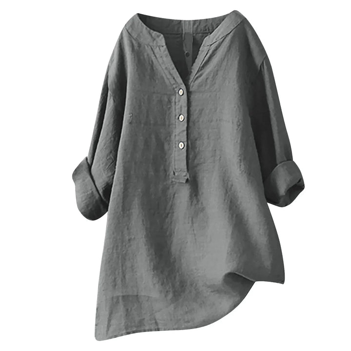 Lightweight women's summer button-up top with a relaxed fit and V-neck, perfect for breezy casual days.