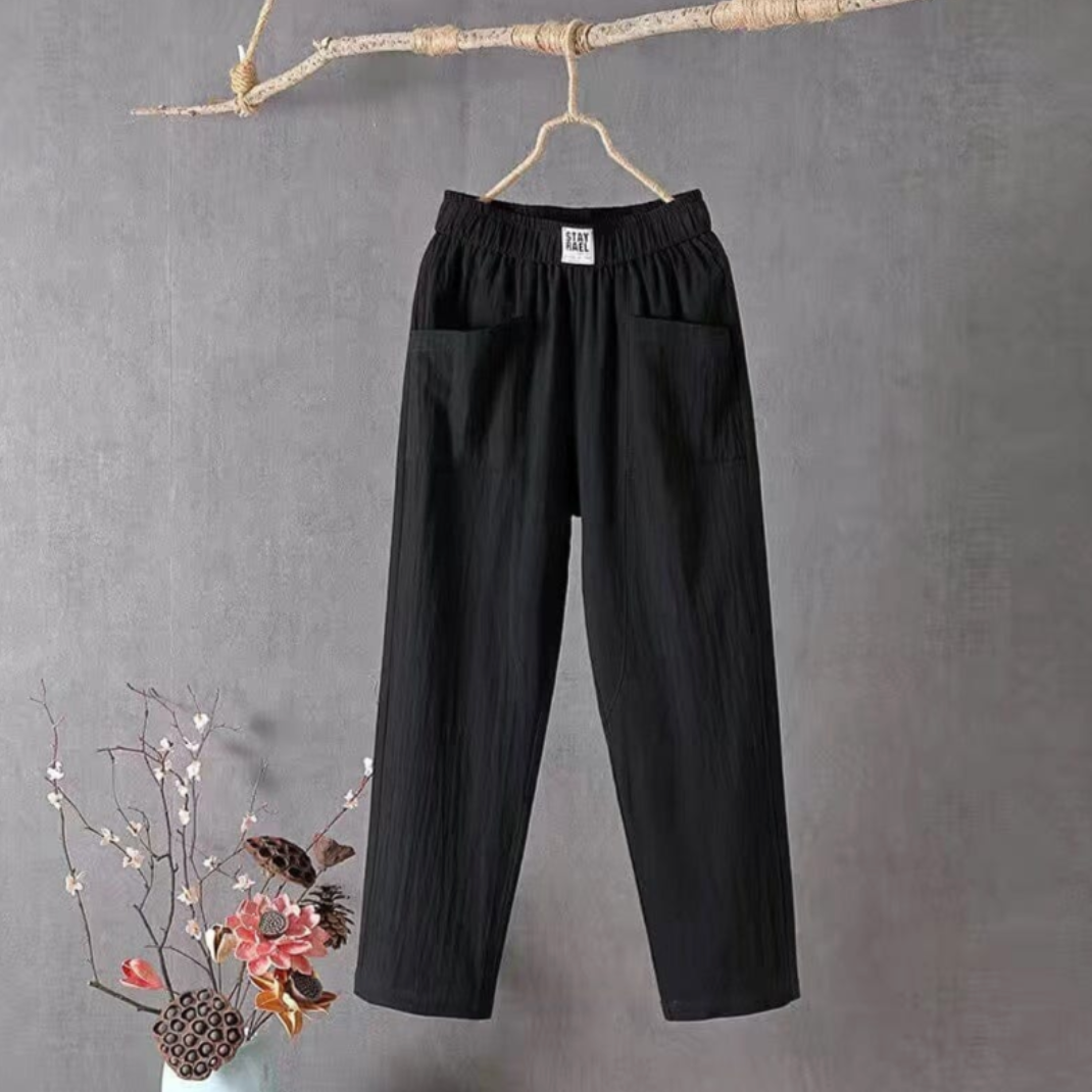 Women's high-waist pull-on travel pants, breezy and comfortable for warm weather & everyday wear.