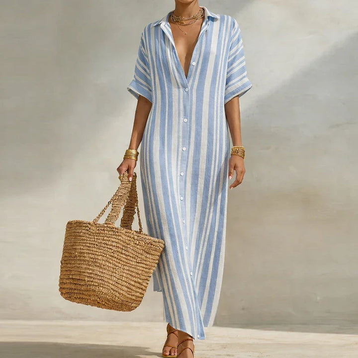 Striped V-neck long summer dress for women, featuring three-quarter sleeves and a lightweight, relaxed fit.