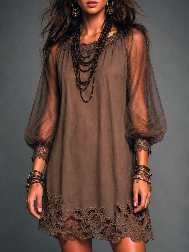 Women's brown boho mini dress with sheer long sleeves and delicate crochet hem, perfect for summer casual wear.