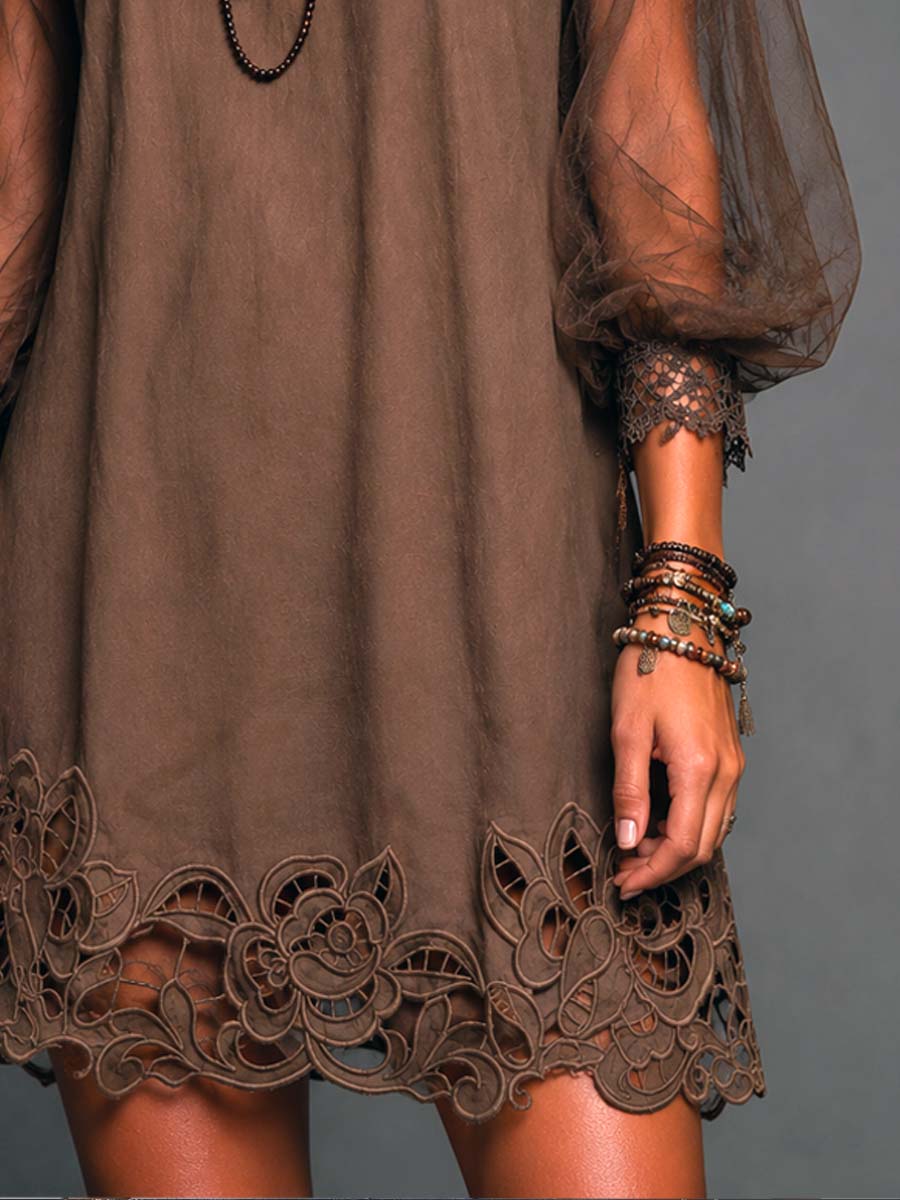 Chic women's brown mini dress with round neck, sheer long sleeves, and elegant crochet hem. A stylish boho pick.