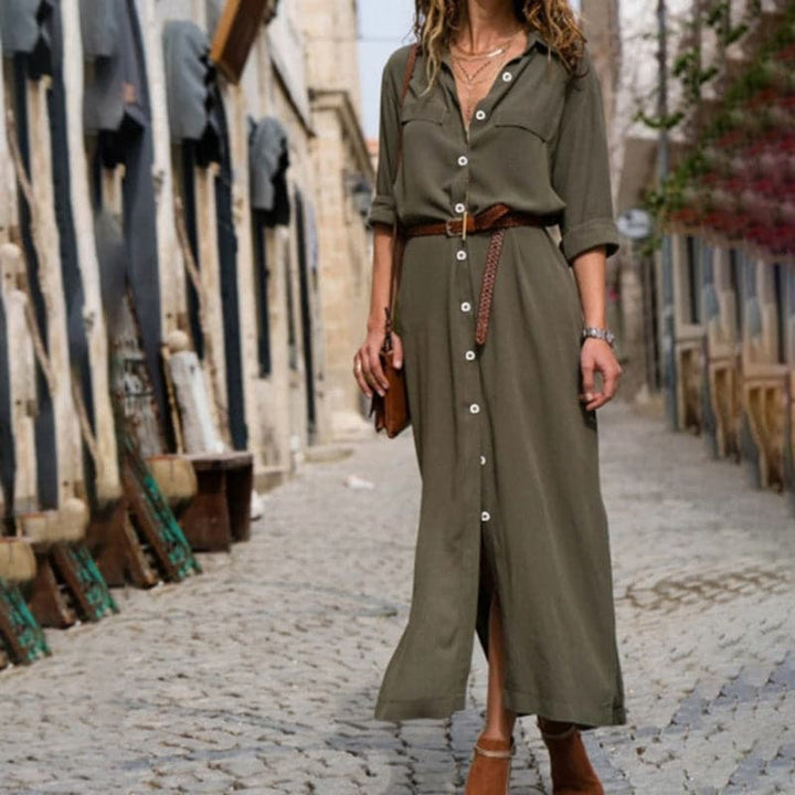 Women's collared button-down midi dress with a flattering belted waist, short sleeves, versatile style.
