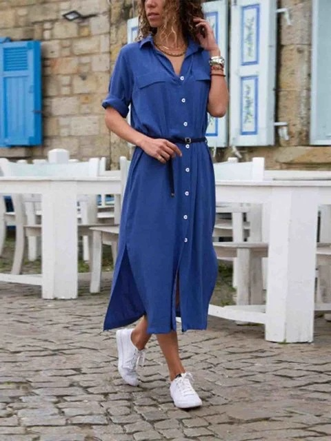 Versatile women's midi dress: button-down front, short sleeves, belted waist, great for day & casual.