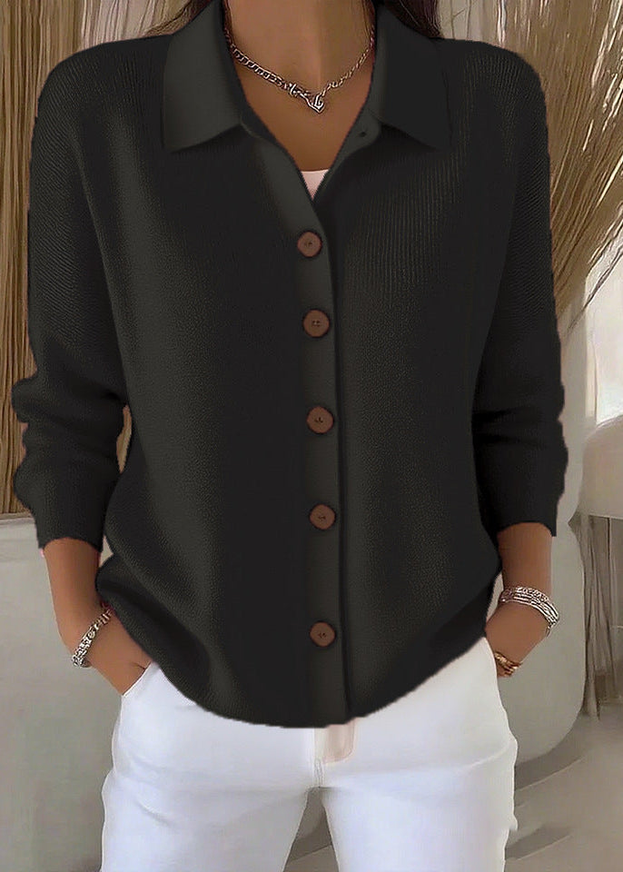 Women's chic button down cardigan sweater, an elegant top with shirt collar for timeless classic outfits.