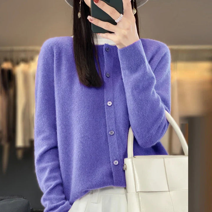 Women's button front knit cardigan, long sleeve & round neck. Cozy & stylish layering top for all seasons.
