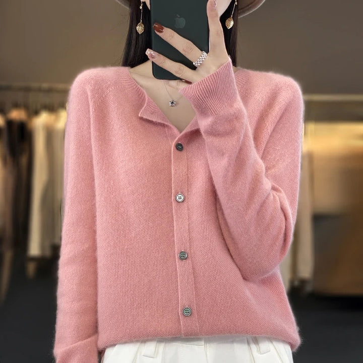 Warm & cozy knitwear: women's button front cardigan. Long sleeve, round neck. Stylish comfort for winter.