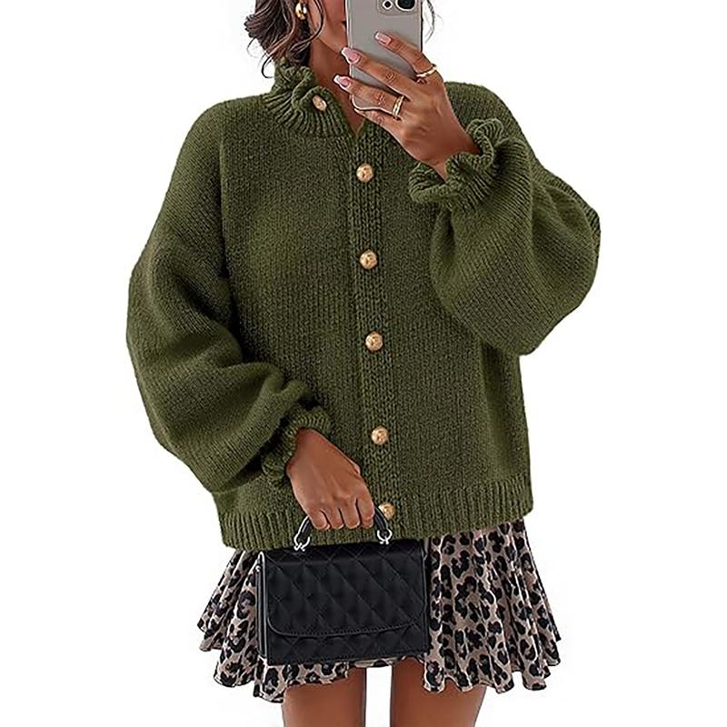 Buttoned knit cardigan sweater for women in a soft wool blend, showcasing a comfortable, relaxed fit.