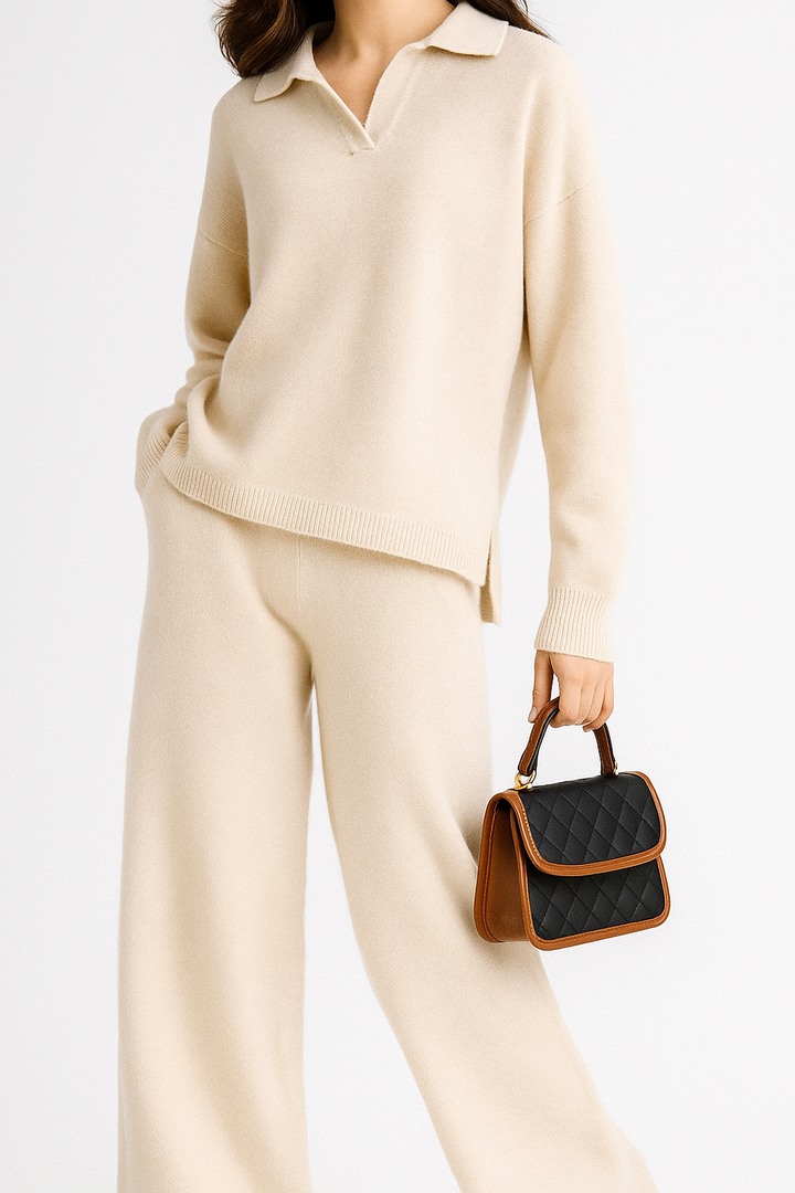 Two-piece women's knit lounge set: long sleeve polo top and comfortable harem pants, casual chic