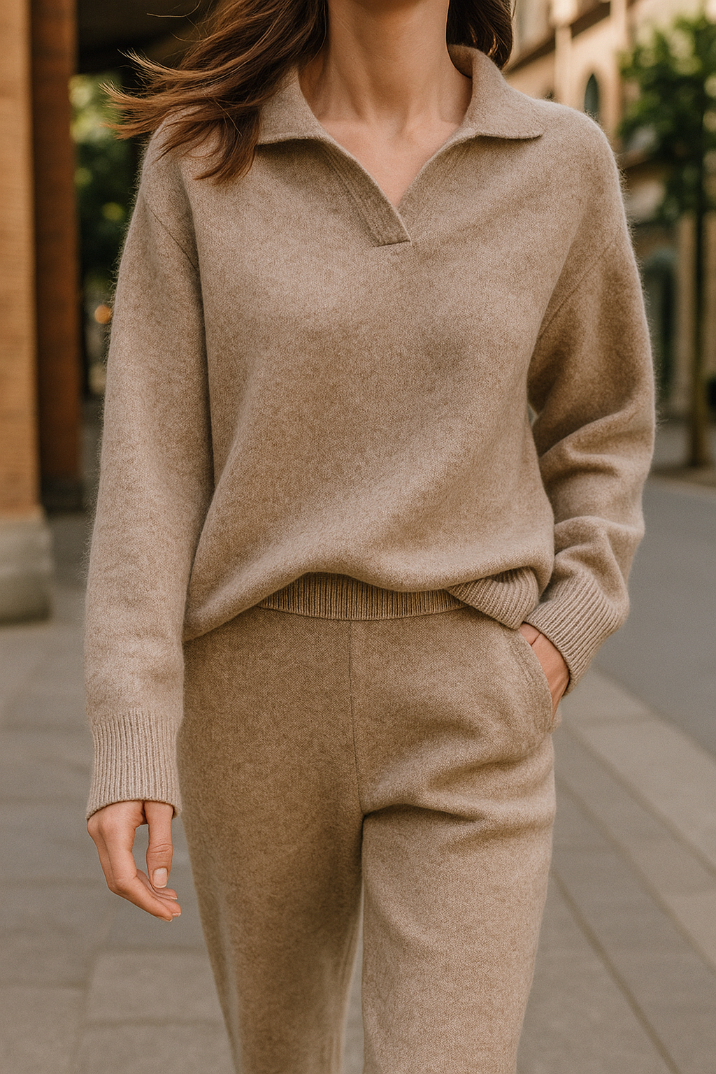 Full ensemble of women's knit lounge set: polo top & harem pants, embodying casual chic comfort
