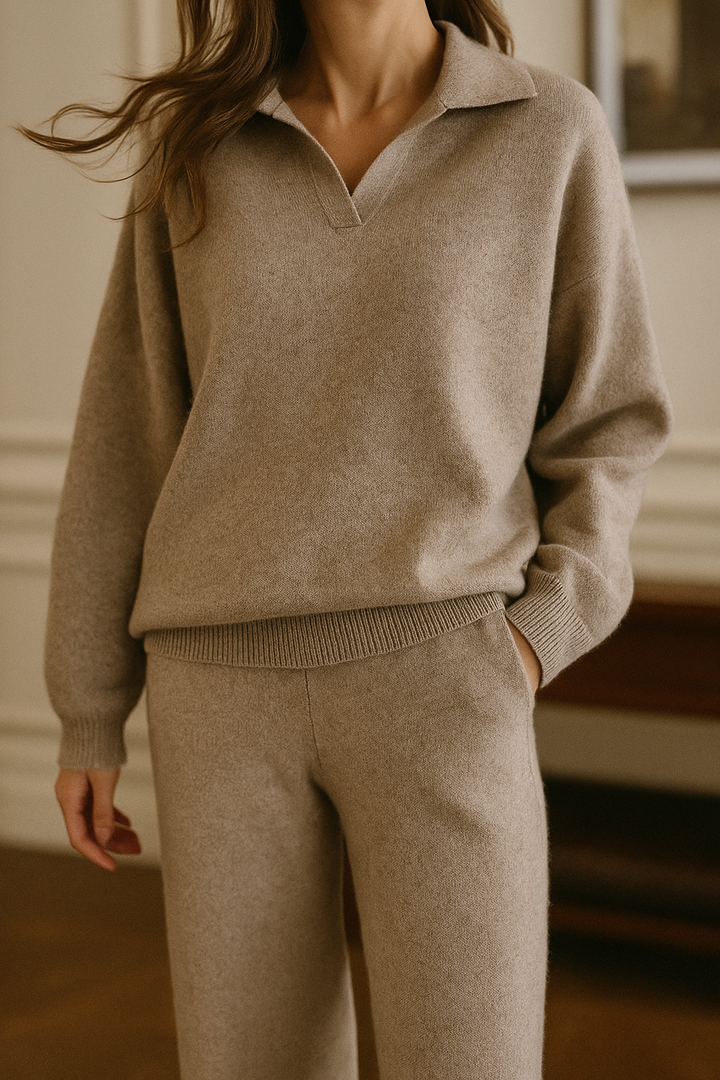 Luxurious cashmere blend women's knit lounge set, with stylish polo top and relaxed harem pants